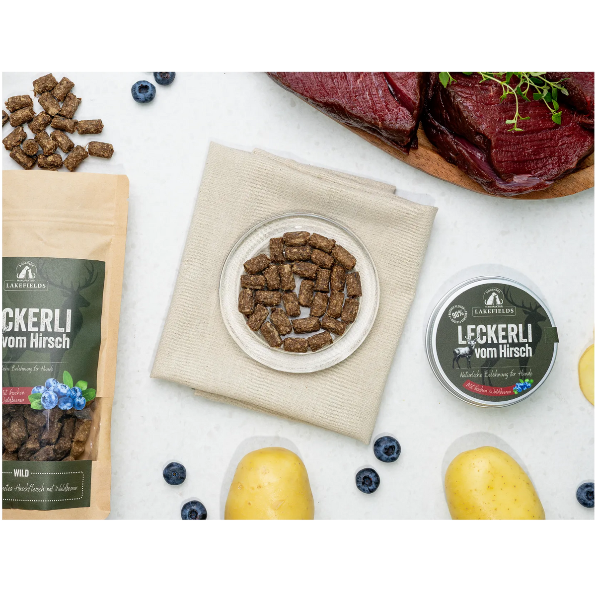 Lakefields Leckerli vom Hirsch in 50 g und 150 g Dose