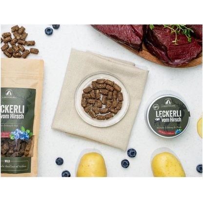 Lakefields Leckerli vom Hirsch in 50 g und 150 g Dose