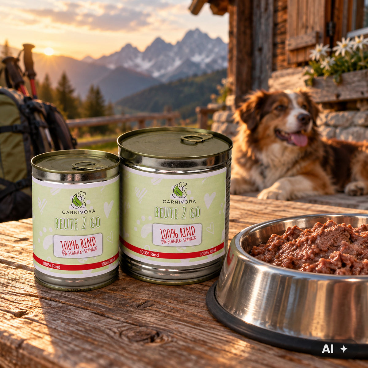 Beute2Go Rind im Wanderurlaub – Dosen neben einem Napf mit gewolftem Rind