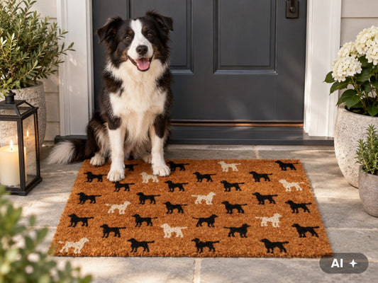 Border Collie sitzt auf der Fußmatte mit Hunde-Allover-Muster