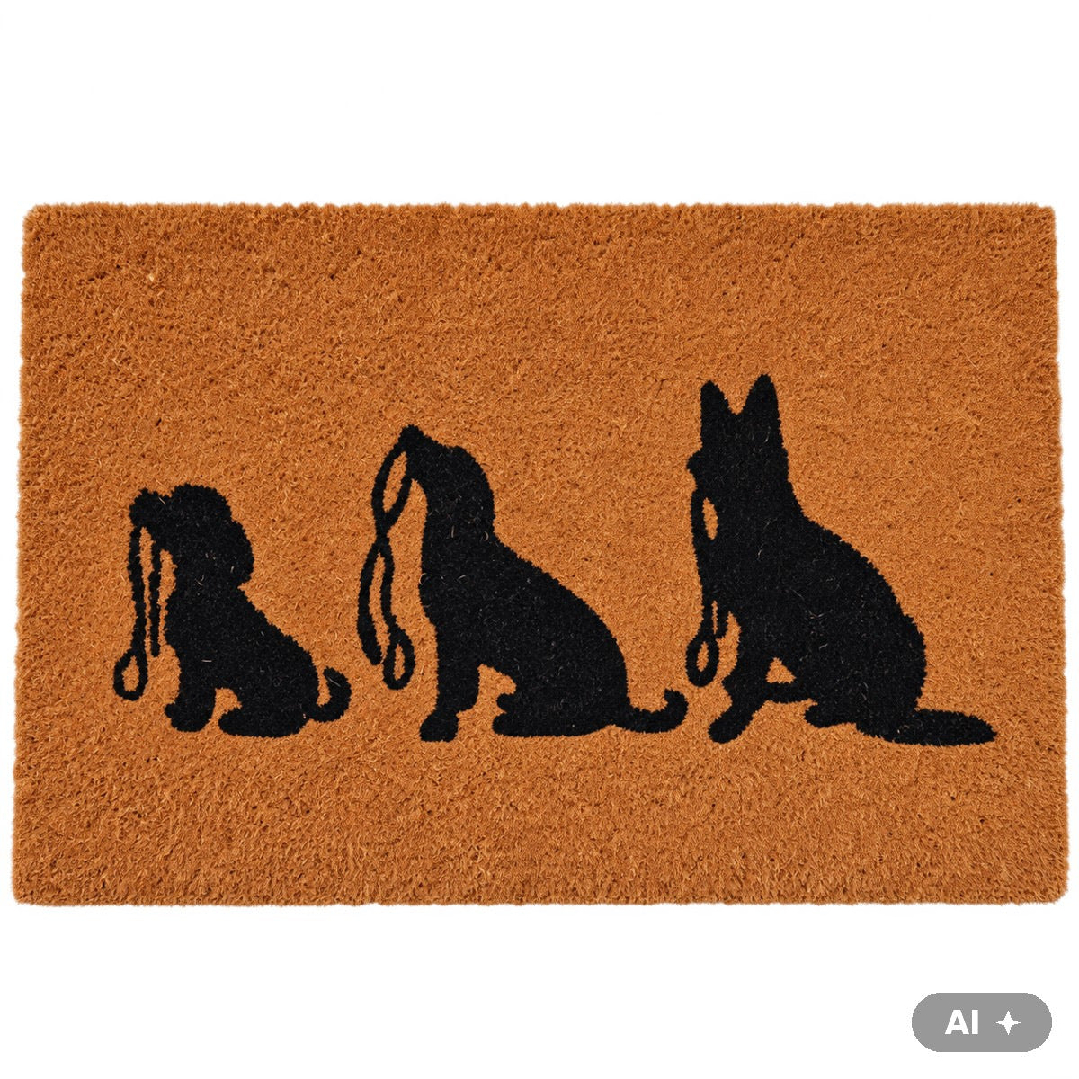 Kokos-Fußmatte 40 x 60 cm mit drei Hunden, die eine Leine im Maul halten