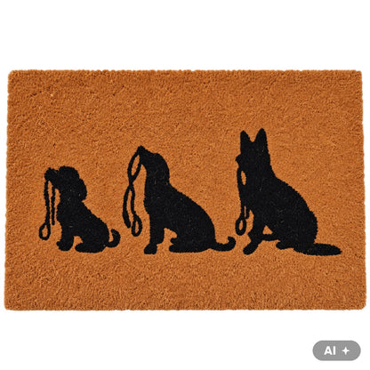 Kokos-Fußmatte 40 x 60 cm mit drei Hunden, die eine Leine im Maul halten