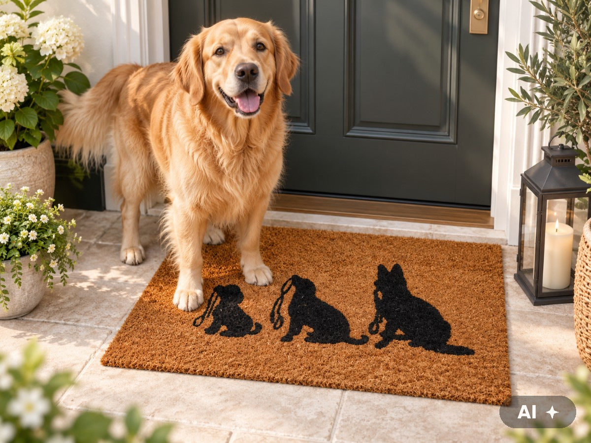 Golden Retriever steht auf der Kokos-Fußmatte mit drei Hundesilhouetten