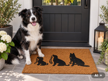 Border Collie sitzt neben der Fußmatte mit Hundesilhouetten vor der Haustür