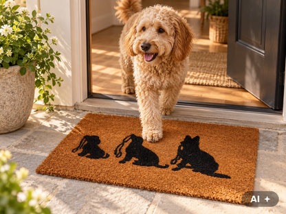 Labradoodle läuft über die Kokos-Fußmatte mit Hundesilhouetten