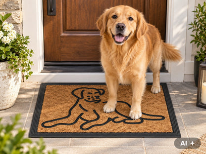 Golden Retriever steht auf der Kokos-Fußmatte mit liegendem Hund als Linienmotiv