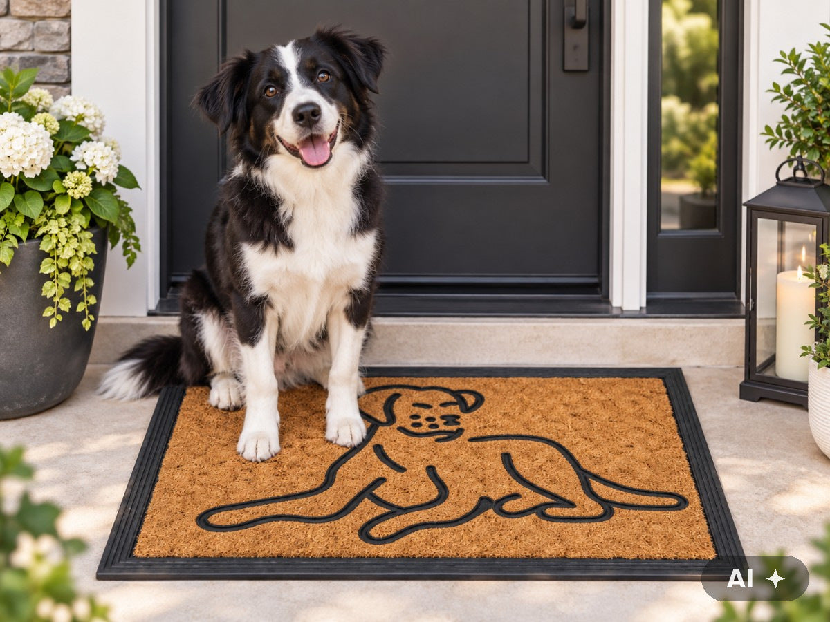 Border Collie sitzt auf der Fußmatte mit liegendem Hund als Linienmotiv
