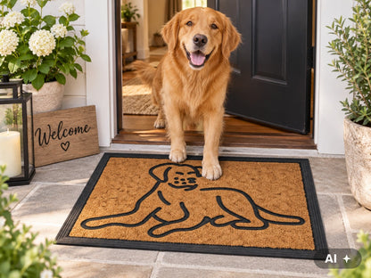 Golden Retriever in der offenen Haustür auf der Fußmatte mit liegendem Hund