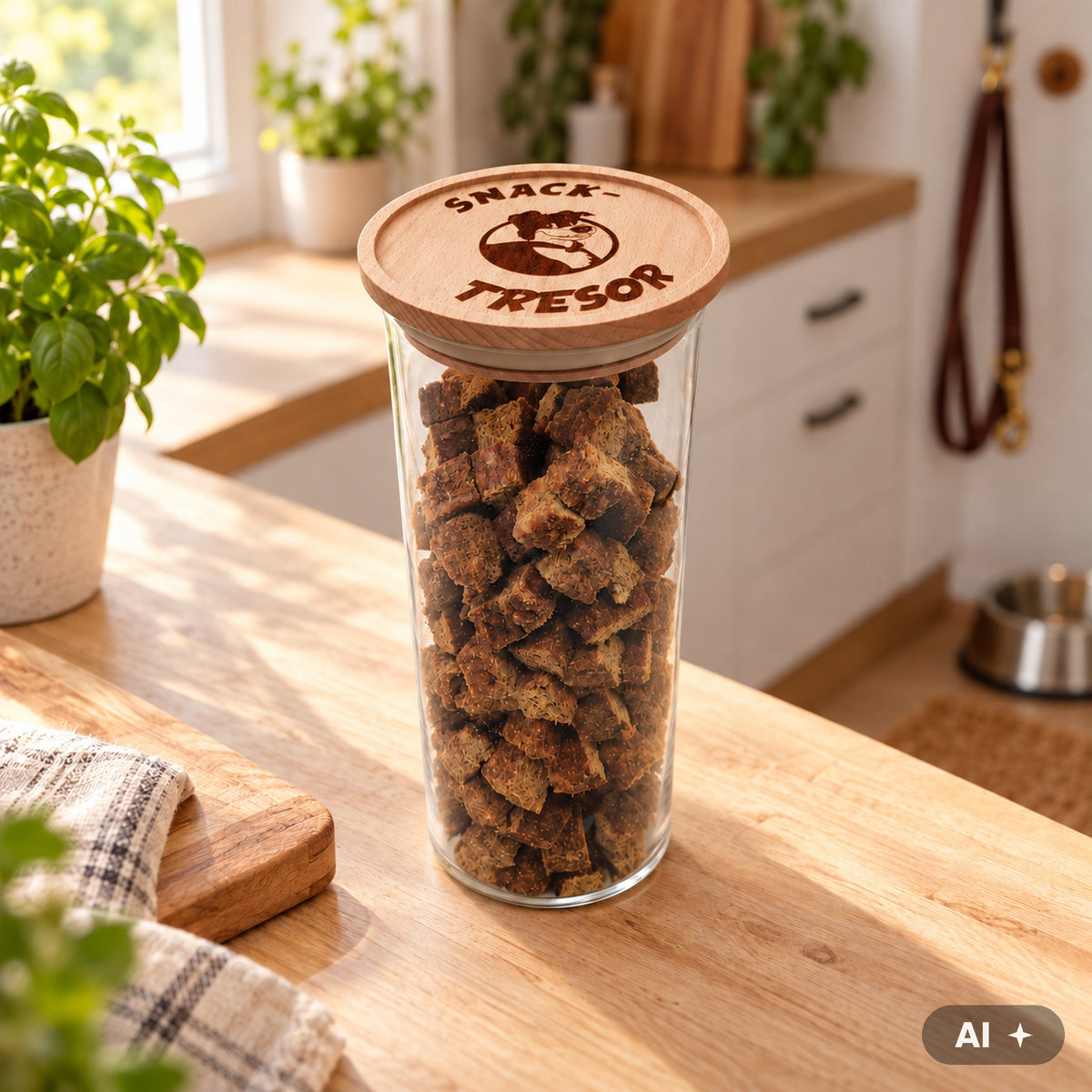 Snack-Tresor befüllt mit Fleischwürfeln auf der Küchenarbeitsplatte