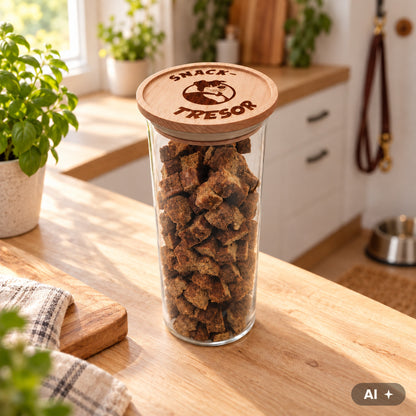 Snack-Tresor befüllt mit Fleischwürfeln auf der Küchenarbeitsplatte