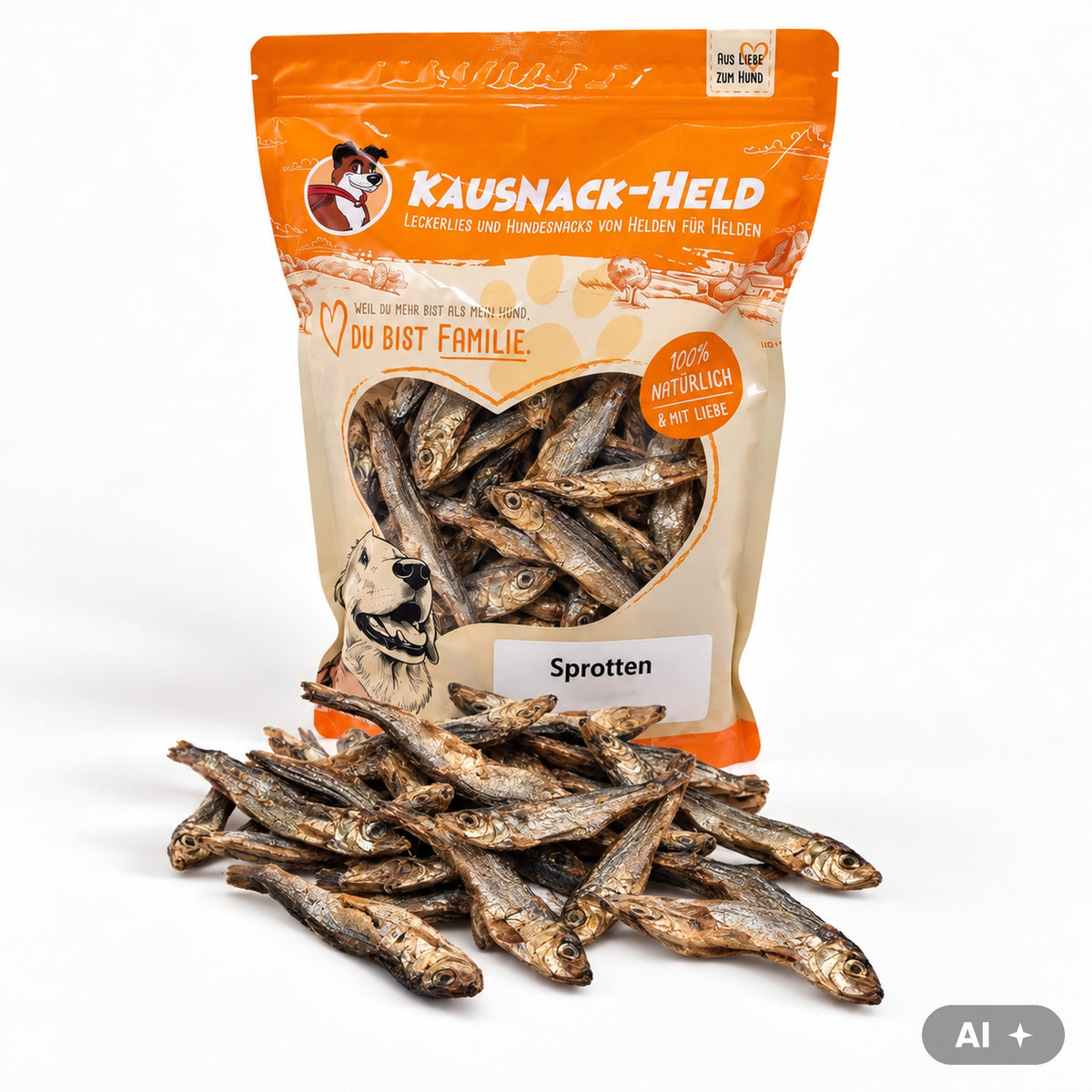 Getrocknete Sprotten in der orangenen Kausnack-Held-Tüte