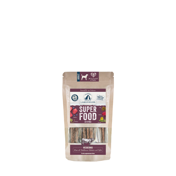 Lakefields SUPERFOOD Sticks vom Weiderind – knusprige Sticks für Hunde
