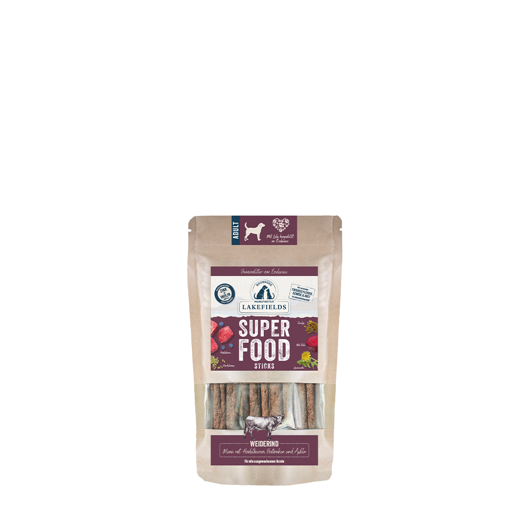 Lakefields SUPERFOOD Sticks vom Weiderind – knusprige Sticks für Hunde